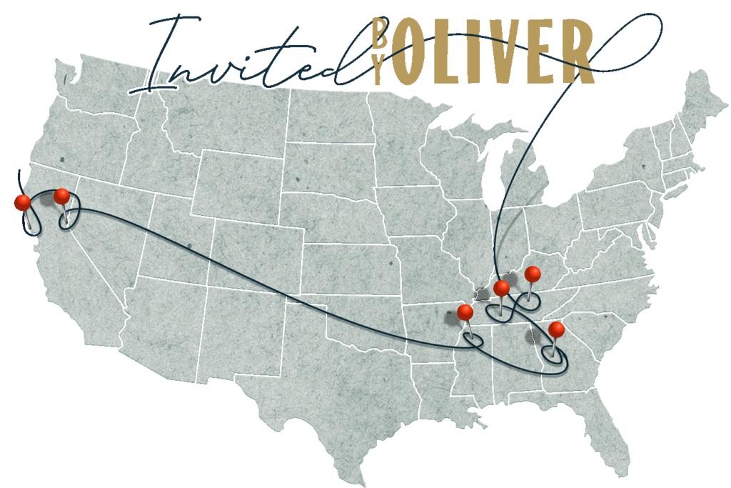 Map of the United States with pins marking the locations of the hotels by Oliver