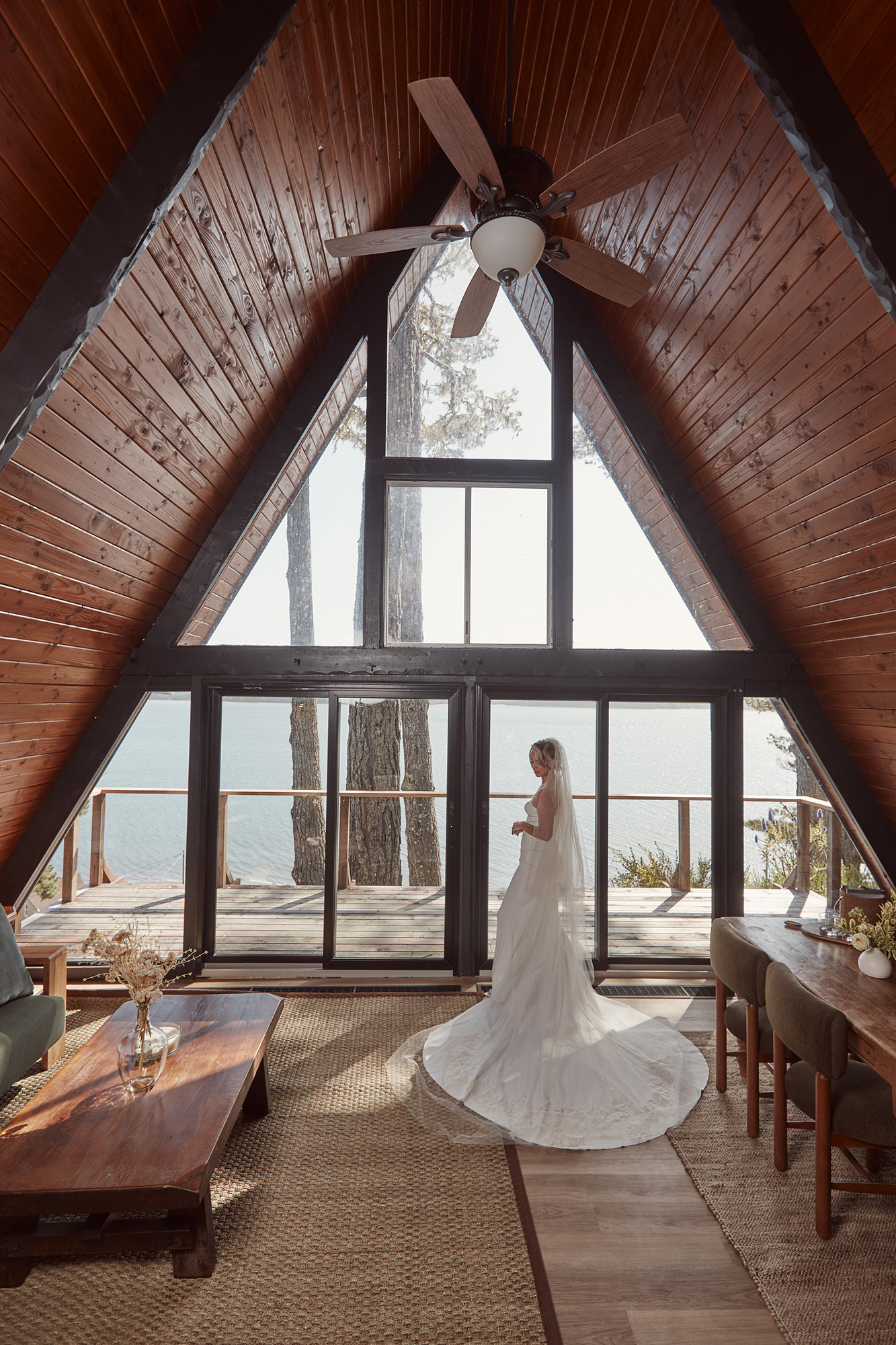 photo of a bride in her gown in the a-frame