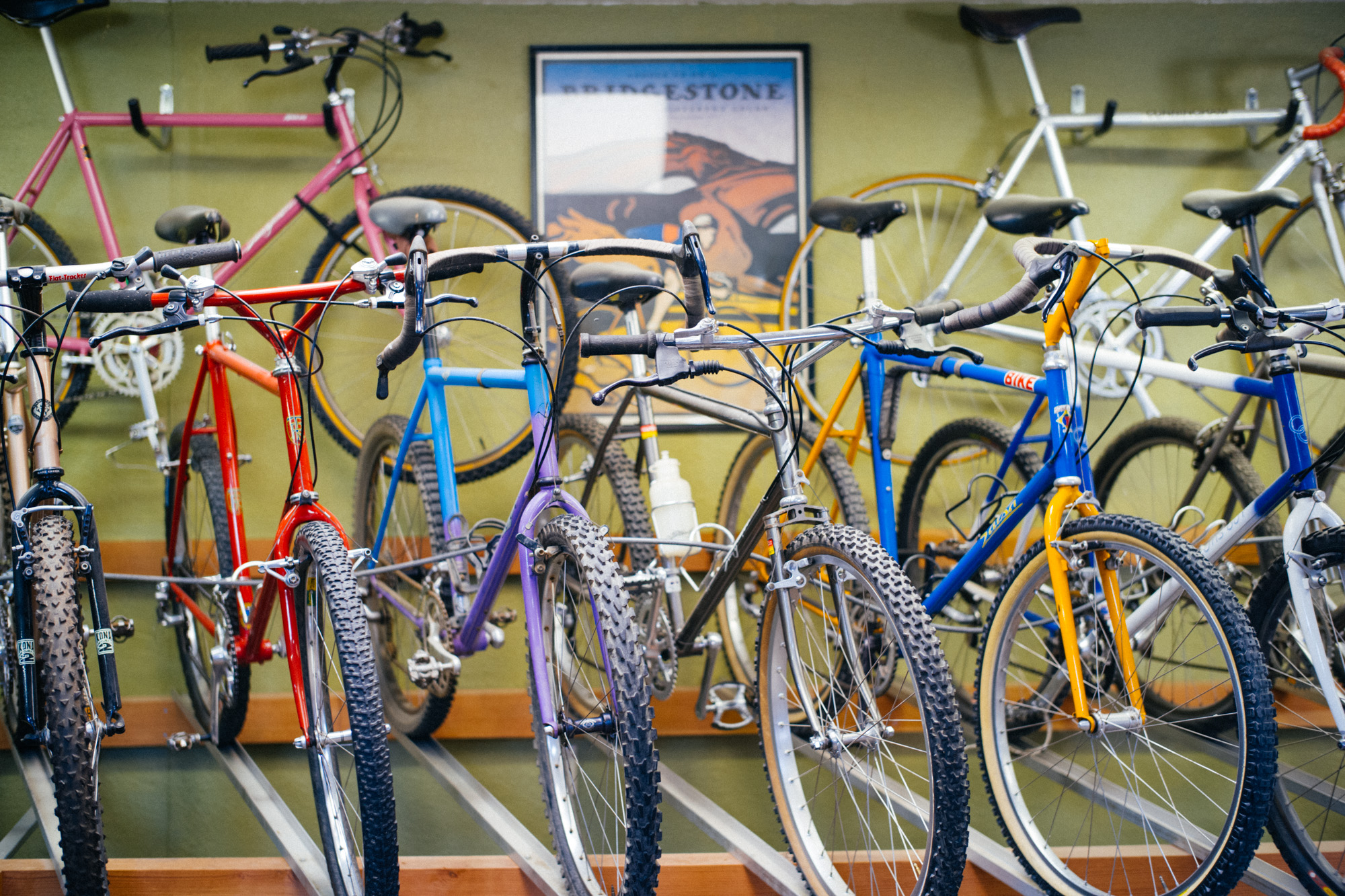 bicycles perched in shop